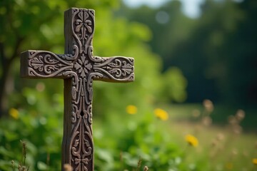 Close-up of a weathered wooden cross, showing intricate carving detail against a blurred natural background ,  old,  sacred