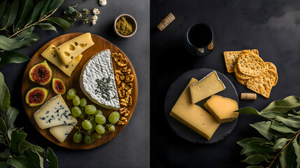 Food board with variety of cuttings and ingredients on dark background. Catering, serving snacks, lunch aesthetic serving, top view