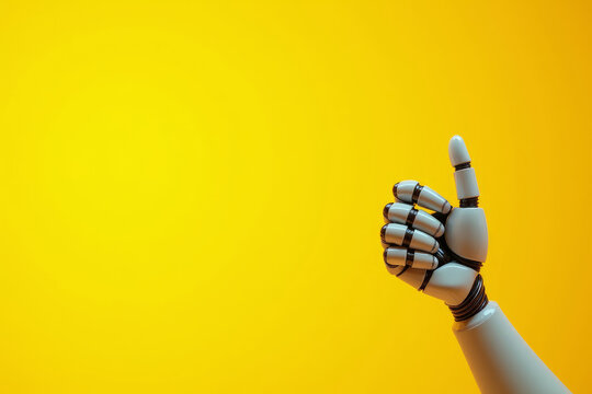 Robot hand showing thumbs up gesture isolated on yellow background. Collaboration between humans and artificial intelligence. AI - Powered by Adobe