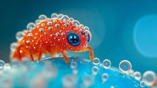 Red insect covered in water bubbles on a blue surface