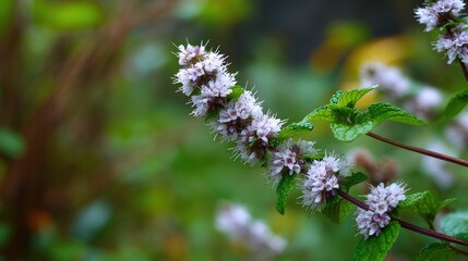 Close-up of mint plant with purple flowers in a lush garden setting.