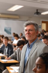 A man in a suit stands in front of a classroom full of students. He is wearing glasses and has a serious expression on his face. The classroom is filled with students of various ages