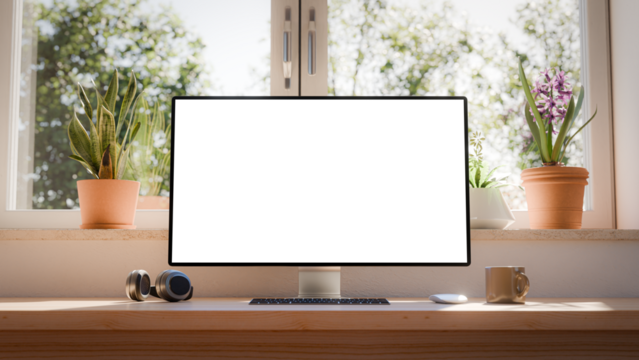 All-in-one computer with a blank screen on a transparent background, placed on a wooden desk in a bright interior with potted plants. Front view. CGI 3d render