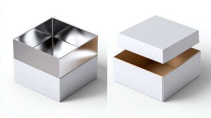 3d realistic vector carton square boxes in open and closed view. Isolated icon illustration on white background.