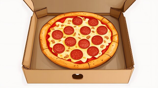 Delicious pepperoni pizza resting in a cardboard box.