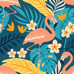 Naklejka premium Tropical pattern. Vector seamless pattern in trendy hand drawn style with palm leaves, flowers and pink flamingo