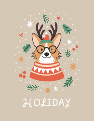 Cozy Christmas greeting card. Vector cartoon illustration with cute cartoon Corgi dog in red winter sweater and reindeer horn, surrounded by snow, stars and Christmas plants. Isolated on background