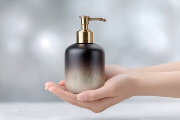 Artistic close-up of a black pump dispenser held in both hands, featuring translucent brown gradients with luxury branding appeal, 