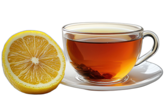 Tea cup with lemon slice isolated on transparent background.