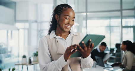 Business woman, tablet and happy at meeting, agenda and review with proposal for deal at company....