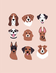 Large Dog Breeds Faces collection. Vector illustration of funny cartoon different breeds dogs in trendy flat style. Isolated on light pink background.