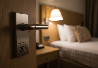 View into a hotel room through an open door with the number 206 on the handle