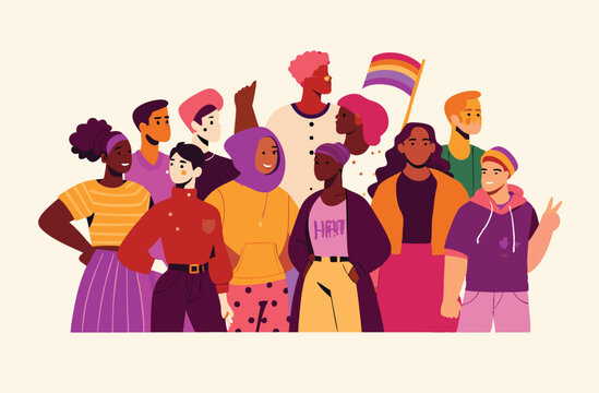 Group of non-binary people. Vector illustration in yellow-purple colors of diverse cartoon young adult people without gender identity in trendy flat style. Isolated on white