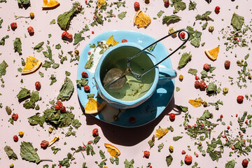 Tea Cup with Metal Infuser, Tea Leaves, Dried Berries and Orange Slices Scattered Around on Pink...