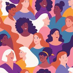International Women's Day pattern. Vector seamless pattern with multinational diverse group of women in trendy cartoon flat style.