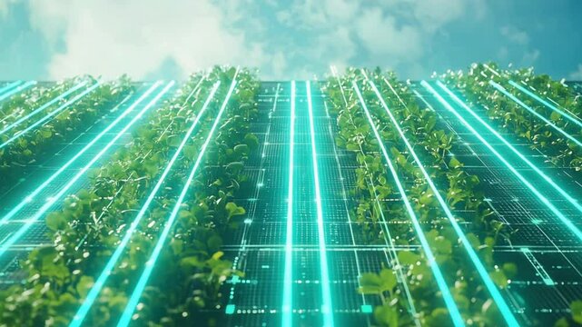 green algorithm codes growing like vines across urban buildings merging sustainability with data Stock Photo with side copy space