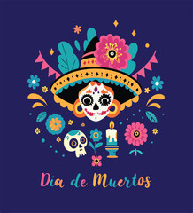 Dia de los Muertos concept. Vector flat cartoon illustration with Catrina sugar festive skull in hat with feathers, flowers and candles, isolated on dark blue background.