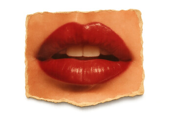 Close-up of vibrant red lips on a torn textured paper background, showcasing a vintage artistic style on transparent background.
