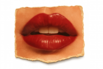 Close-up of vibrant red lips on a torn textured paper background, showcasing a vintage artistic style on transparent background.