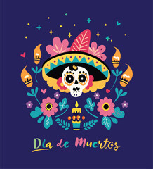 Dia de los Muertos concept. Vector flat cartoon illustration with Catrina sugar festive skull in hat with feathers, flowers and candles, isolated on dark blue background.