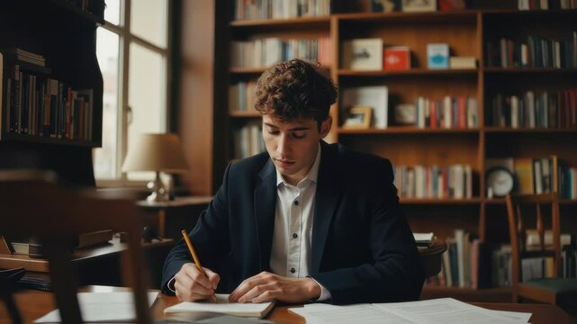 Focused Young Spanish Man Working at a Desk in a Book-Filled Library, Taking Notes in His Notebook
