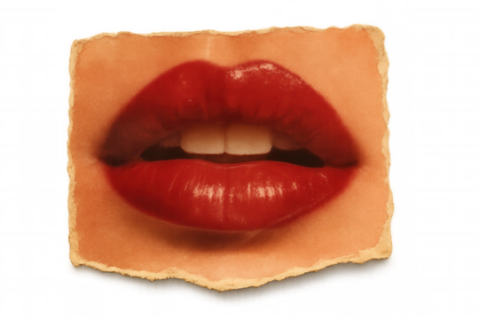 Close-up of vibrant red lips on a torn textured paper background, showcasing a vintage artistic style on transparent background.