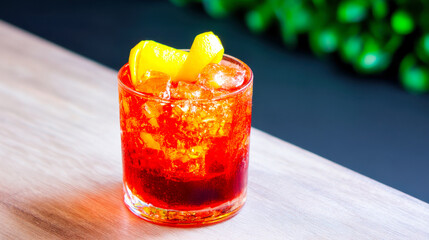 Vibrant cocktail served over ice with fresh citrus garnish in modern bar setting