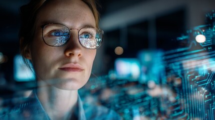 Tech professional analyzing data with holographic interface, symbolizing innovation in digital workspaces
