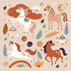 Unicorns collection. Vector illustration of cute cartoon white Unicorns and magical symbols in trendy colors. Isolated on background.