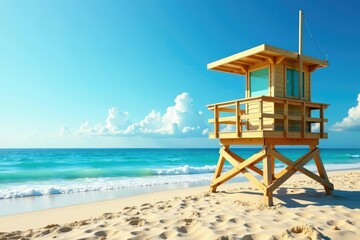 Lifeguard tower on a sunny beach overlooking calm ocean , safety, beach scene