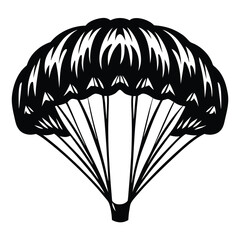Black and white minimalist illustration of a parachute in descending mode