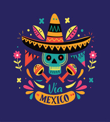 Viva Mexico concept. Vector flat cartoon illustration with sugar festive skull in sombrero, maracas, Mexican heart and ribbon with inscription, isolated on dark blue background.