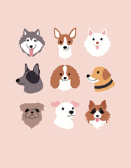 Large Dog Breeds Faces collection. Vector illustration of funny cartoon different breeds dogs in trendy flat style. Isolated on light pink background.