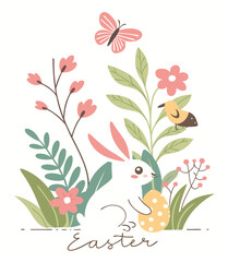 Happy Easter greeting card. Vector illustration of cute cartoon pink and blue bunnies with Easter eggs sitting among the plants. Isolated on white