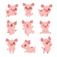 Cute piggy collection. Vector illustration of funny cartoon pink piggy in different poses. Isolated on white.
