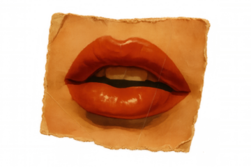 Vintage-style illustration of glossy red lips depicted on an aged piece of paper on transparent background.