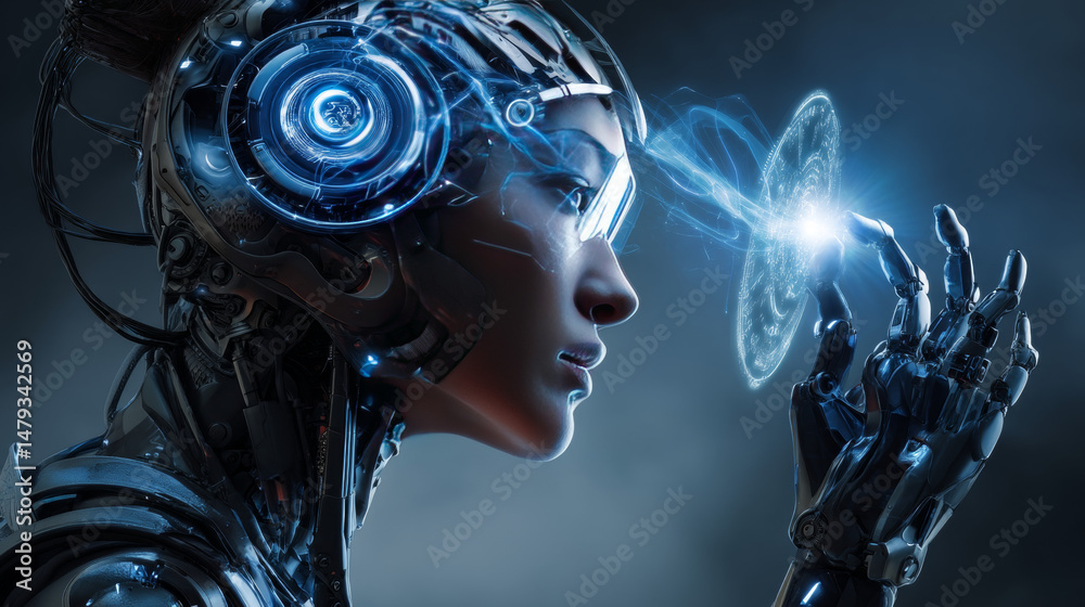 Poster artificial intelligence in image of cyborg girl with electronic brain. neural network trained using 