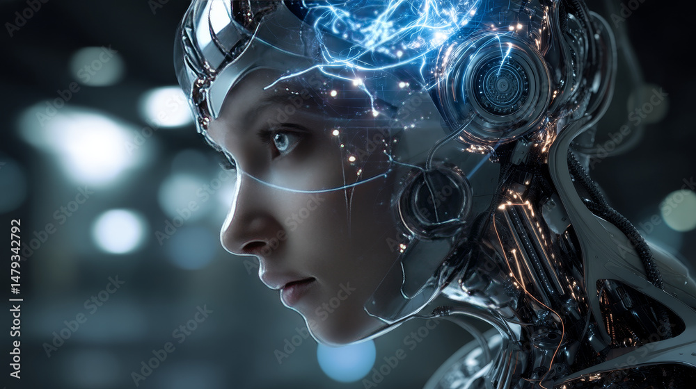Aufkleber artificial intelligence in image of cyborg girl with electronic brain. neural network trained using 