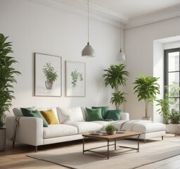Bright living room, white walls, cozy sofa, green plants ,  apartment,  decor