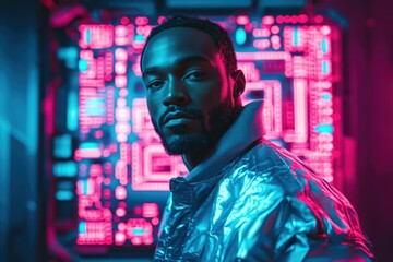 Obraz premium A young man in a shimmering jacket stands before a vibrant neon circuit board, embodying a futuristic aesthetic.