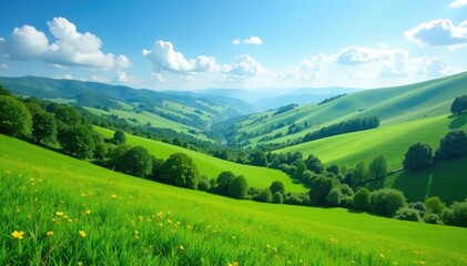 Fototapeta premium Rolling hills, lush green valley, clear blue sky, amazing, rural