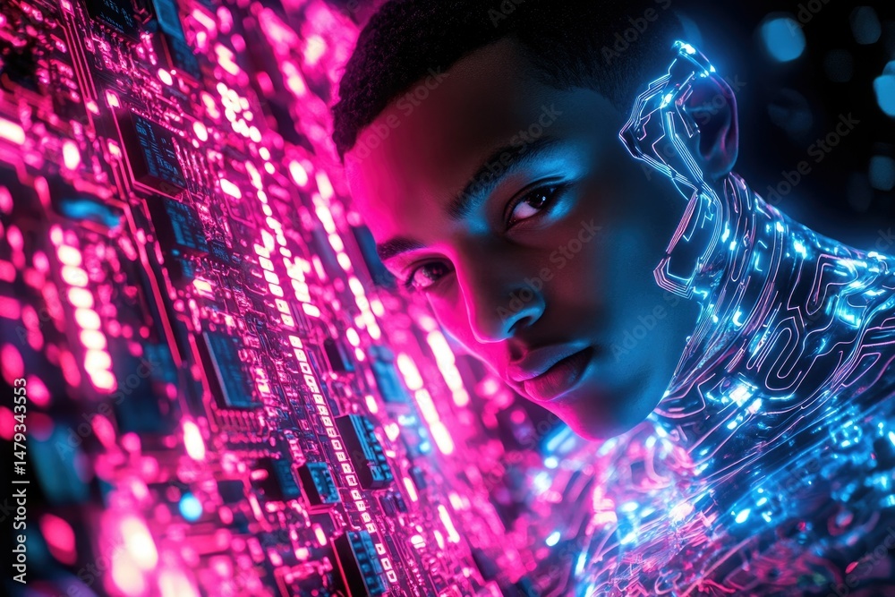 Aufkleber a futuristic portrait of a person with neon circuitry, blending human and technology in a cyberpunk 