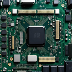 Fototapeta premium Computer motherboard with CPU. Circuit board system chip with core processor. Computer technology background.