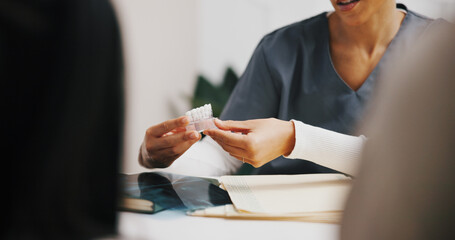 Hands, dentist and model in clinic consulting for oral hygiene, teeth whitening and cleaning...