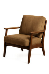 Mid-century modern armchair with brown fabric upholstery and wooden frame on transparent background.