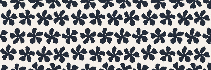Hand drawn minimal abstract flower background. Seamless pattern with organic shapes in black and white color for fabric, textiles, clothing, wallpaper, cover, banner, home decor. Vector illustration