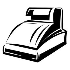 Black and White Stylized Illustration of a Vintage Cash Register Machine