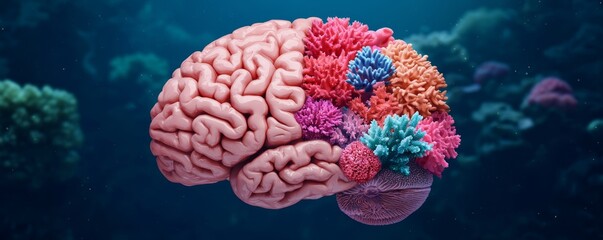 Fototapeta premium Metamorphosis of Deep Learning: Human Brain Evolving into Coral Reef in Elegant Dark Space