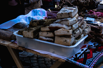 traditionally salted lard, lying on a display case for sale