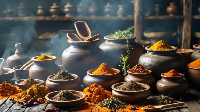Rustic kitchen scene with colorful spices in clay pots and wooden scoops, surrounded by herbs, chili, and aromatic powders on a wooden table

